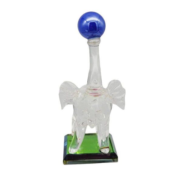 Glass Circus Elephant Figurine Balancing Blue Ball On An Iridescent Square Base - Picture 3 of 9